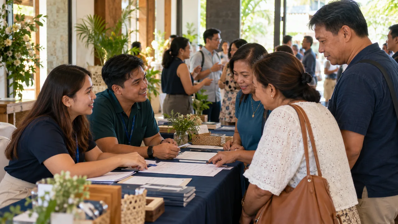 Event organizers welcoming participants at a registration table. Illustrative concept visualization.
