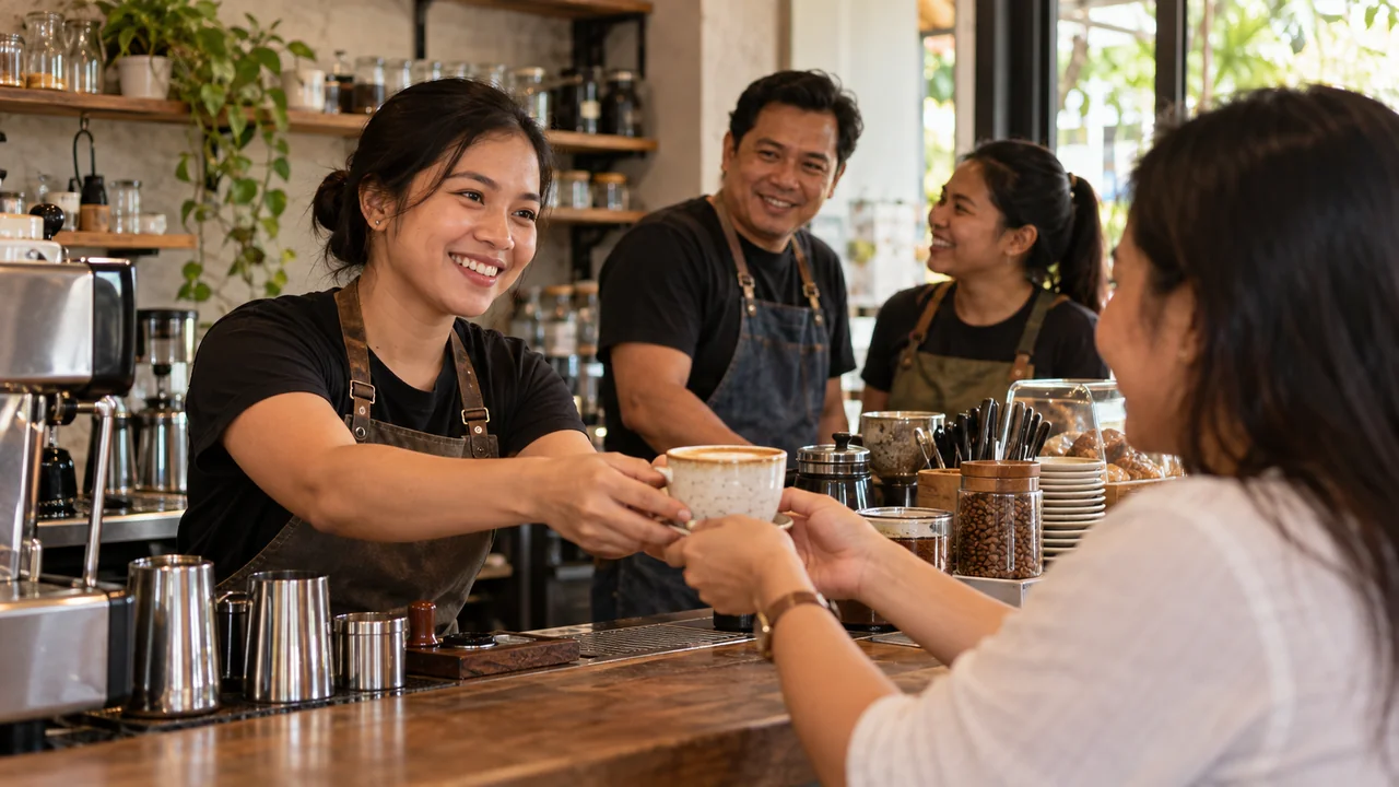 A barista handing coffee to a customer at the counter. Illustrative concept visualization.