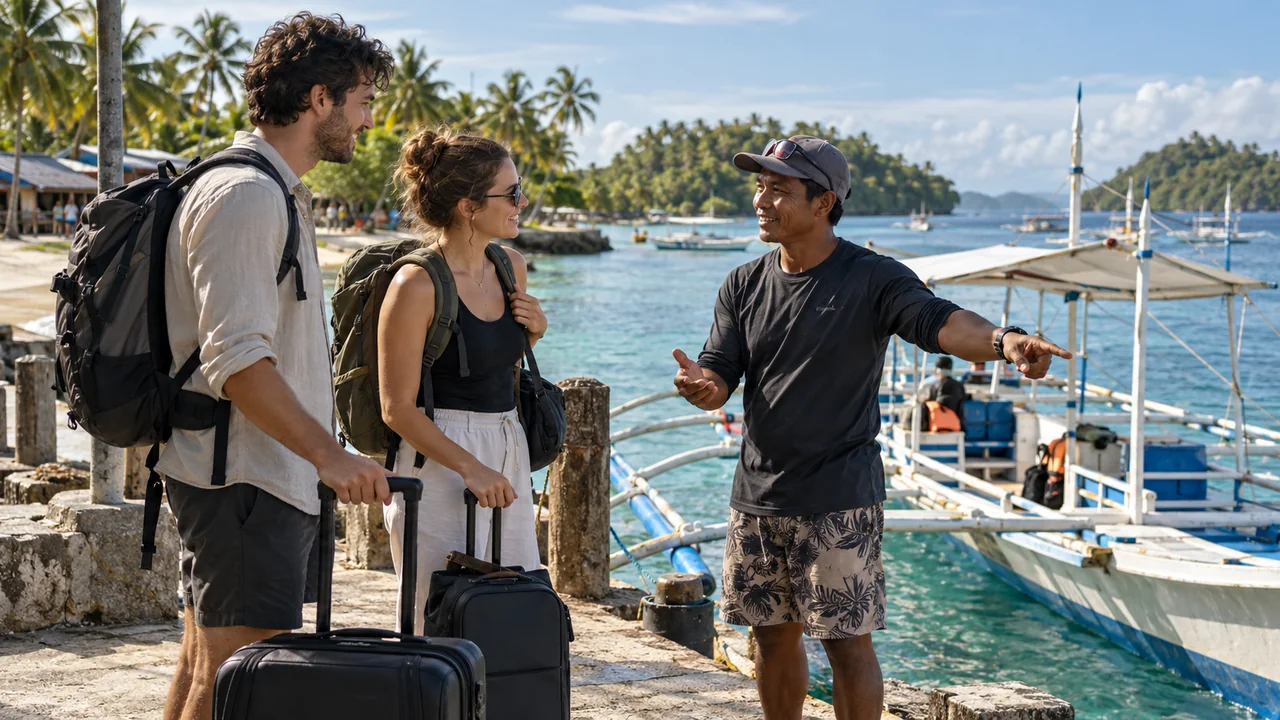 An island guide welcoming two travelers beside an outrigger boat. Illustrative concept visualization.